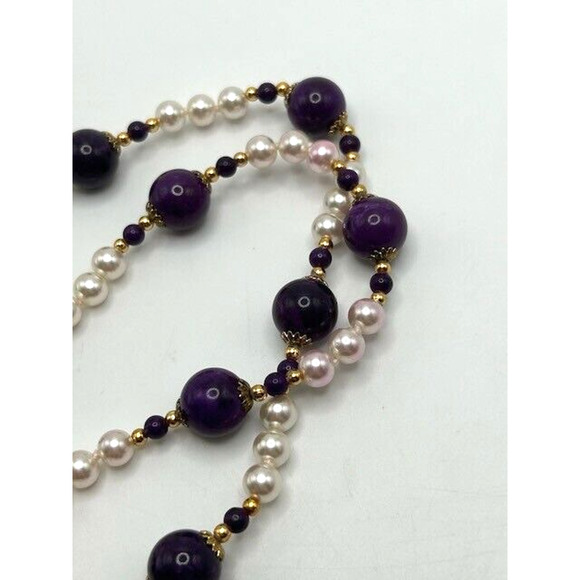 Amethyst? Purple Beaded Faux Pearl Necklace Gold Tone 30" Long - Picture 8 of 8